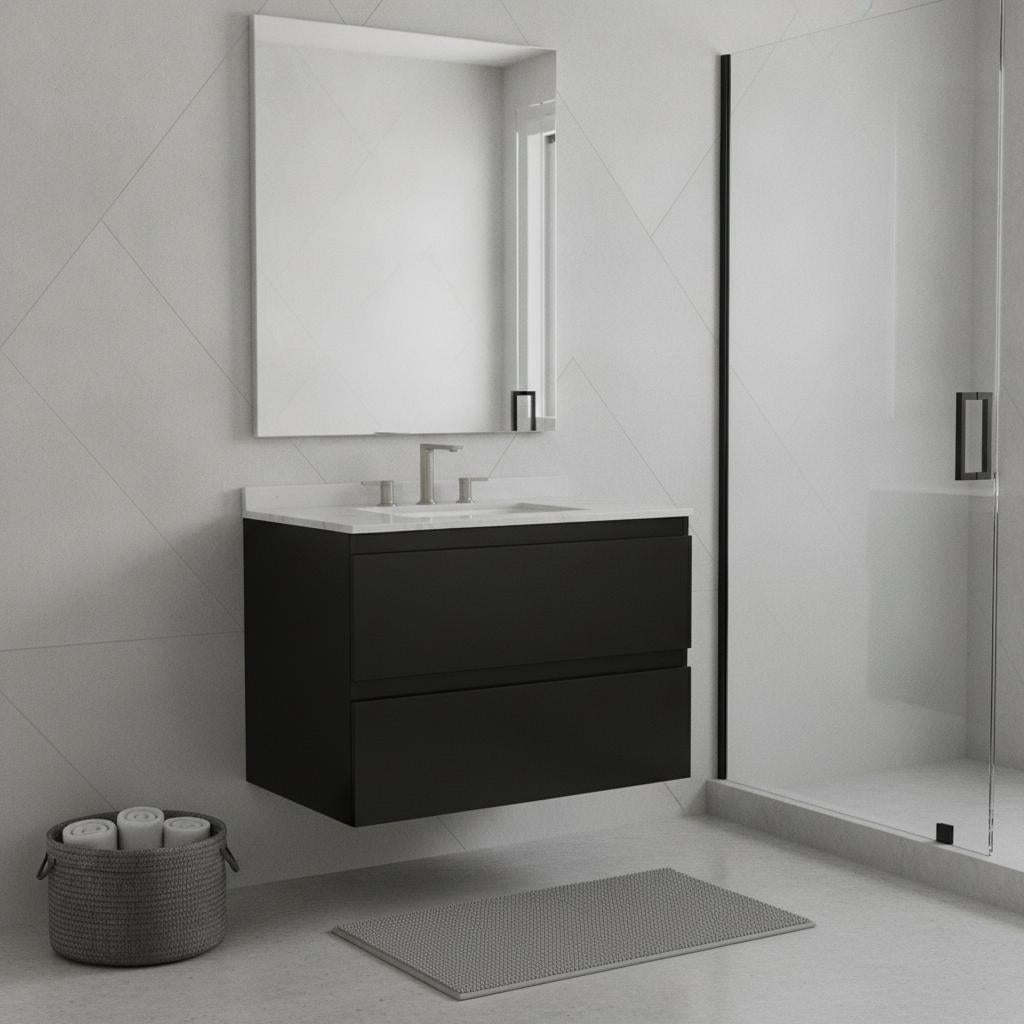 30" Black Wood Floating Bathroom Vanity With White Sink And Two Drawers - HomeRoots - Flyclothing LLC