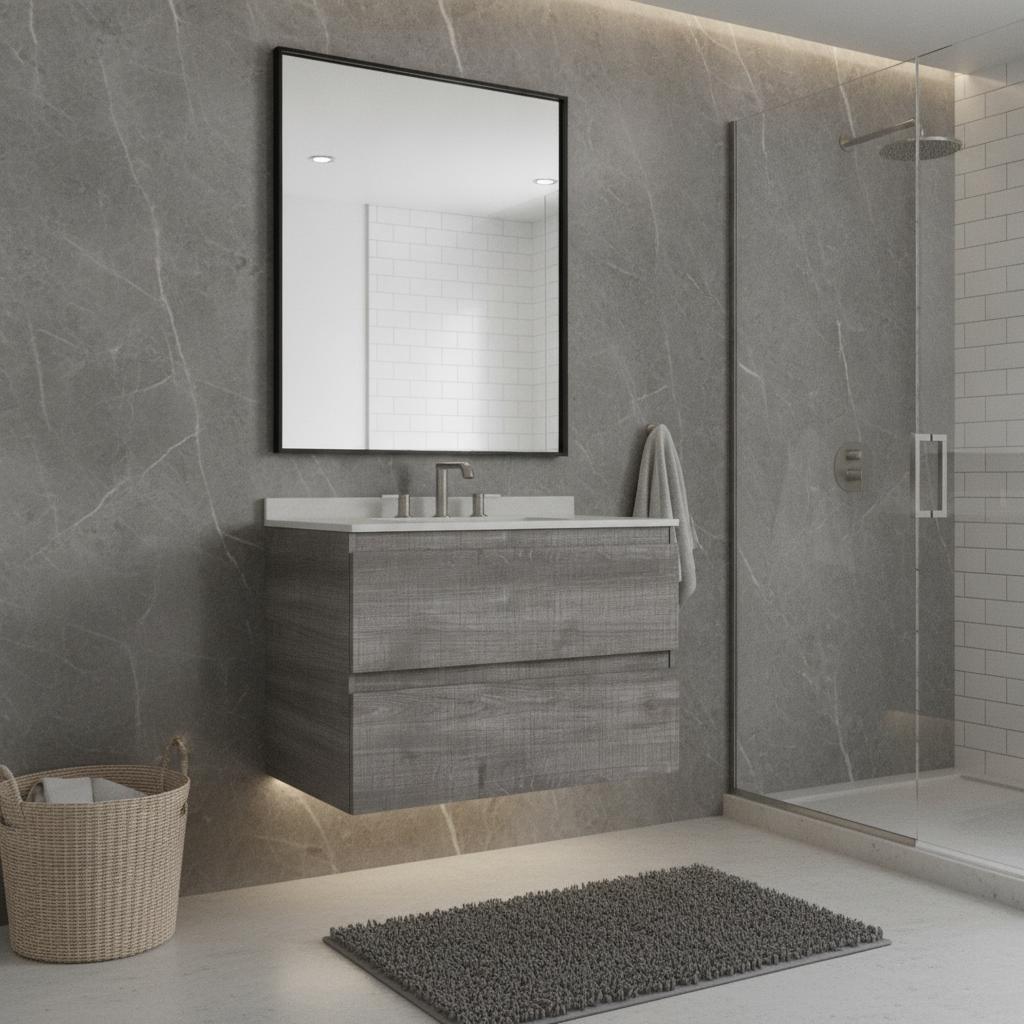 30" Gray Wood Floating Bathroom Vanity With White Sink And Two Drawers - HomeRoots - Flyclothing LLC
