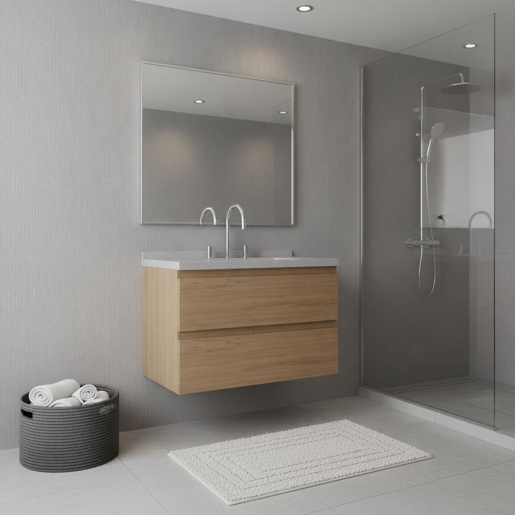 30" Brown Wood Floating Bathroom Vanity With White Sink And Two Drawers - HomeRoots - Flyclothing LLC