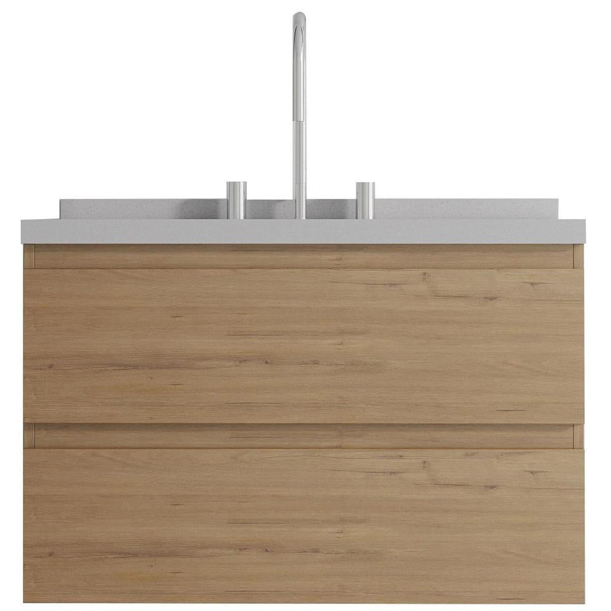 30" Brown Wood Floating Bathroom Vanity With White Sink And Two Drawers - HomeRoots - Flyclothing LLC