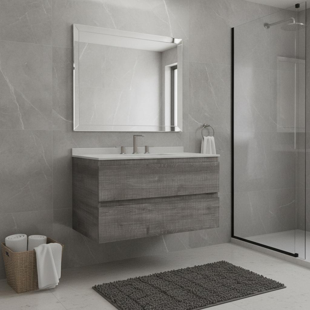 36" Gray Wood Floating Bathroom Vanity With White Sink And Two Drawers - HomeRoots - Flyclothing LLC