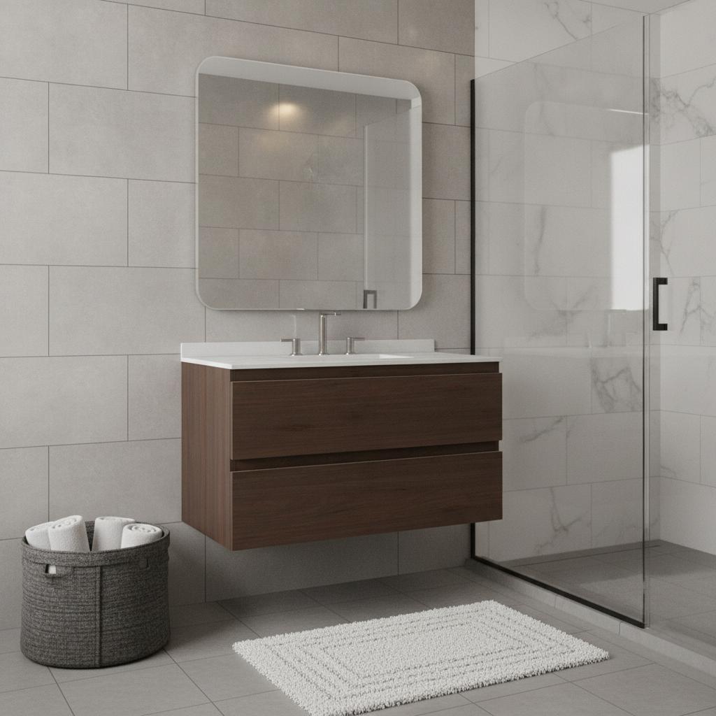 36" Brown Wood Floating Bathroom Vanity With White Sink And Two Drawers - HomeRoots - Flyclothing LLC