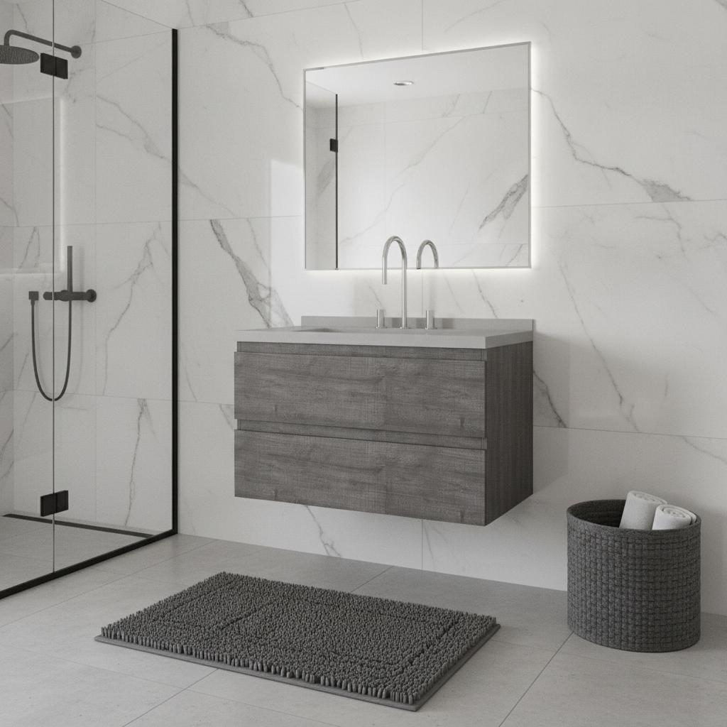 36" Gray Wood Floating Bathroom Vanity With White Sink And Two Drawers - HomeRoots - Flyclothing LLC