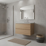 36" Brown Wood Floating Bathroom Vanity With White Sink And Two Drawers - HomeRoots - Flyclothing LLC