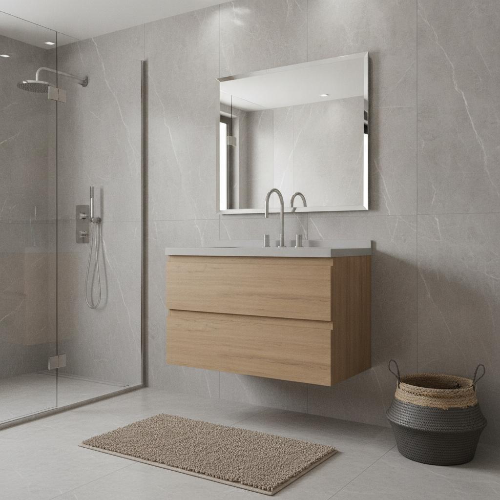 36" Brown Wood Floating Bathroom Vanity With White Sink And Two Drawers - HomeRoots - Flyclothing LLC