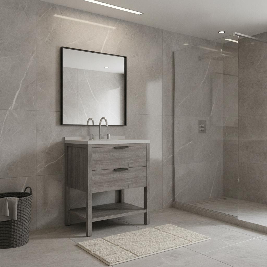 24" Gray Wood Freestanding Bathroom Vanity With White Sink And Two Drawers - HomeRoots - Flyclothing LLC