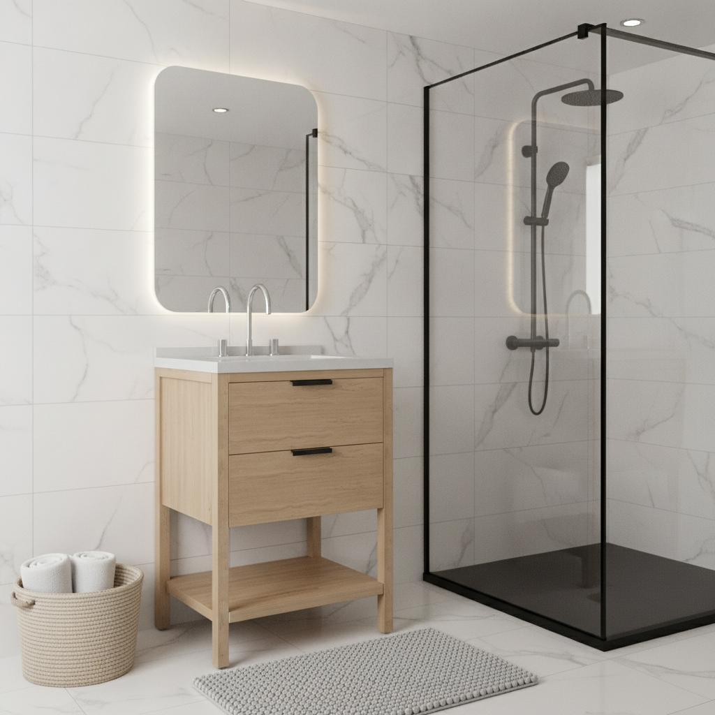 24" Brown Wood Freestanding Bathroom Vanity With White Sink And Two Drawers - HomeRoots - Flyclothing LLC