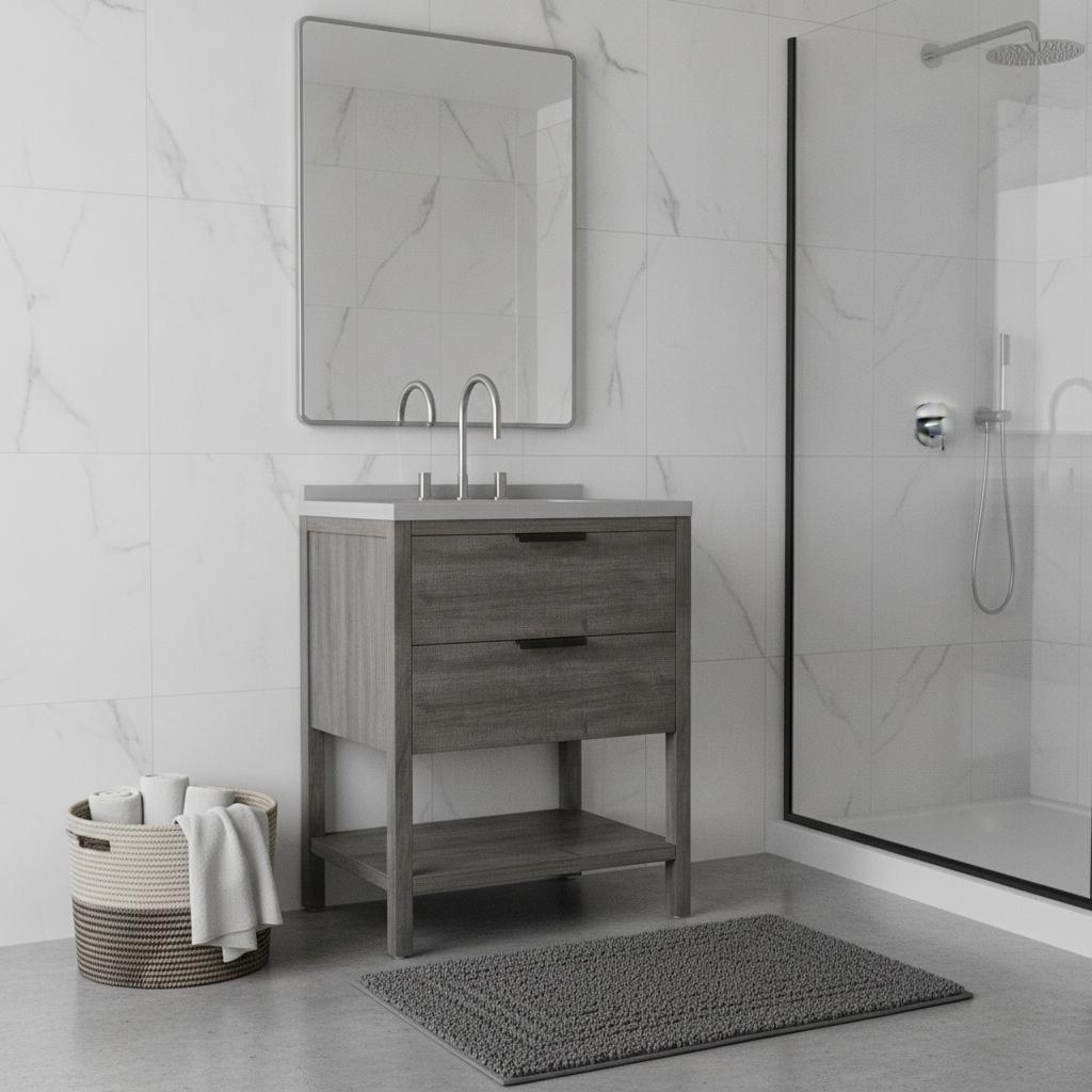 30" Gray Wood Freestanding Bathroom Vanity With White Sink And Two Drawers - HomeRoots - Flyclothing LLC