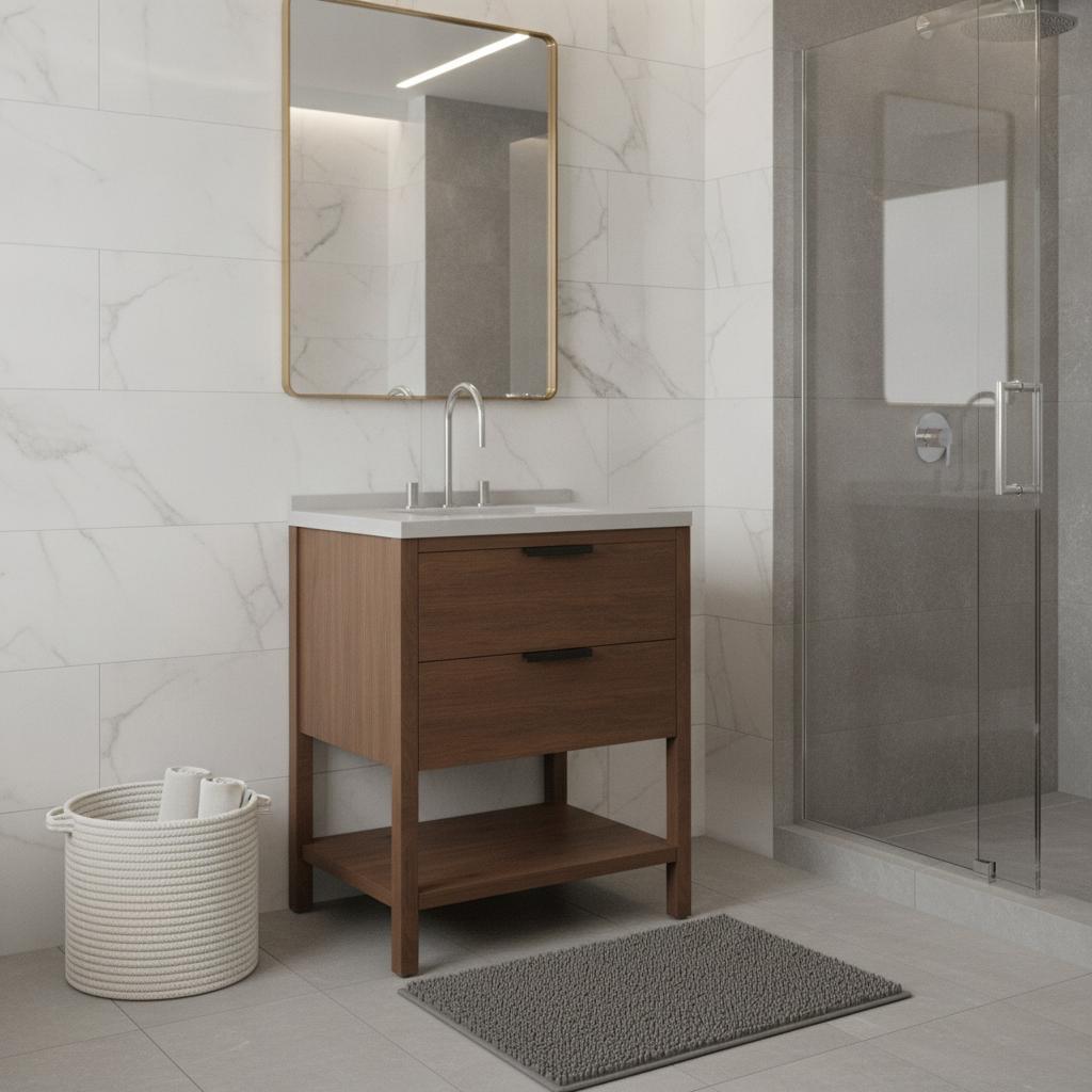 30" Brown Wood Freestanding Bathroom Vanity With White Sink And Two Drawers - HomeRoots - Flyclothing LLC