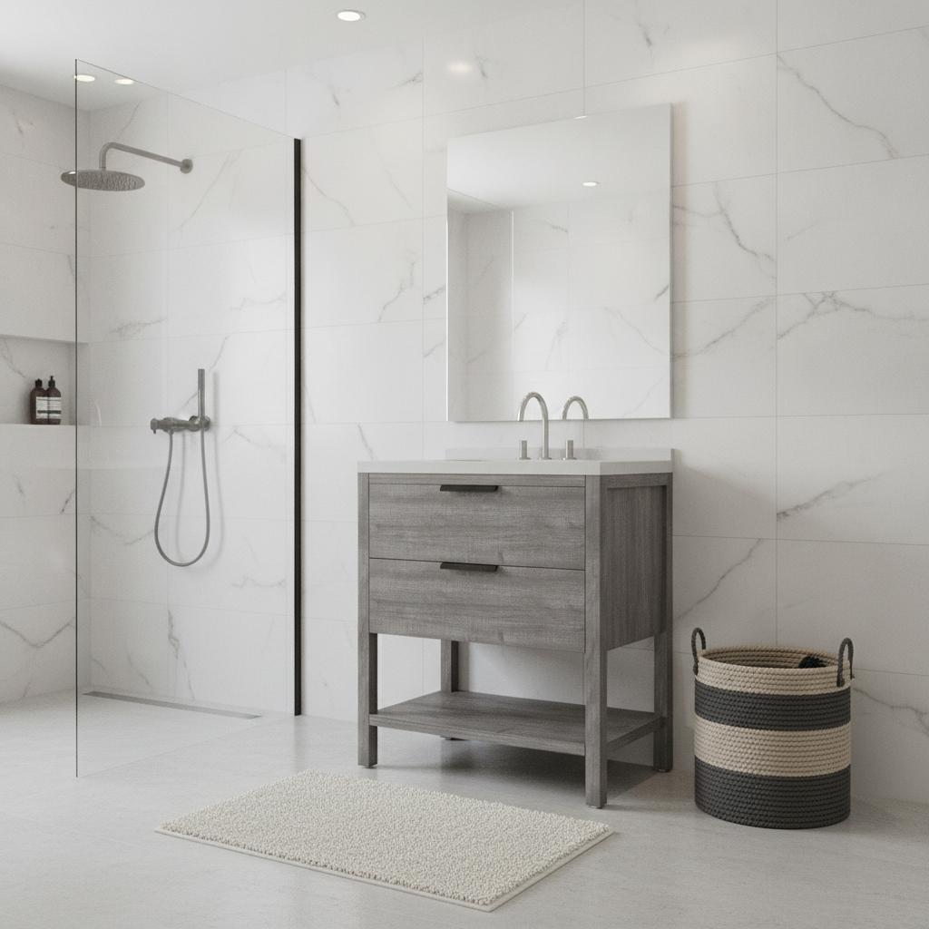36" Gray Wood Freestanding Bathroom Vanity With White Sink And Two Drawers - HomeRoots - Flyclothing LLC
