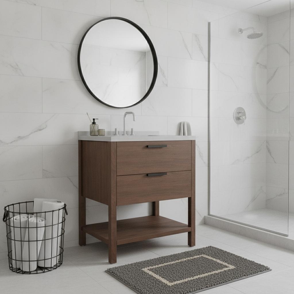 36" Brown Wood Freestanding Bathroom Vanity With White Sink And Two Drawers - HomeRoots - Flyclothing LLC