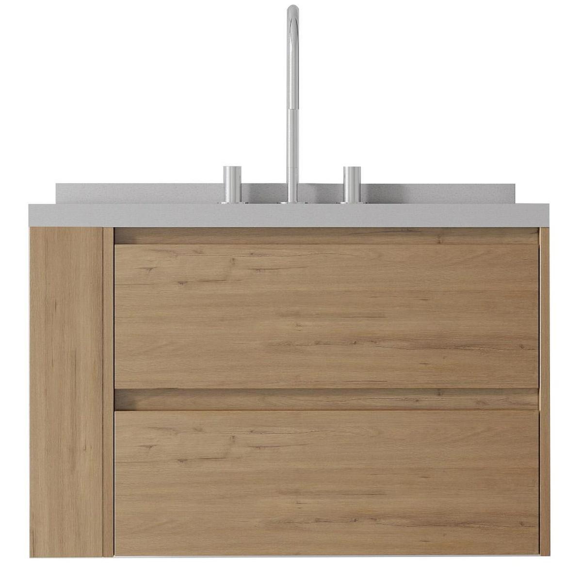 30" Brown Wood Floating Bathroom Vanity With White Sink And Two Drawers - HomeRoots - Flyclothing LLC