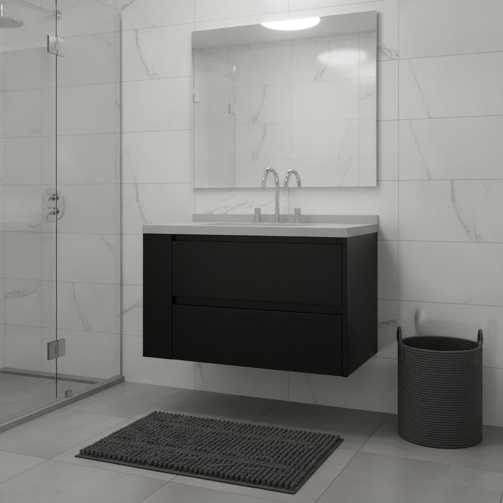 36" Black Wood Floating Bathroom Vanity With White Sink And Two Drawers - HomeRoots - Flyclothing LLC