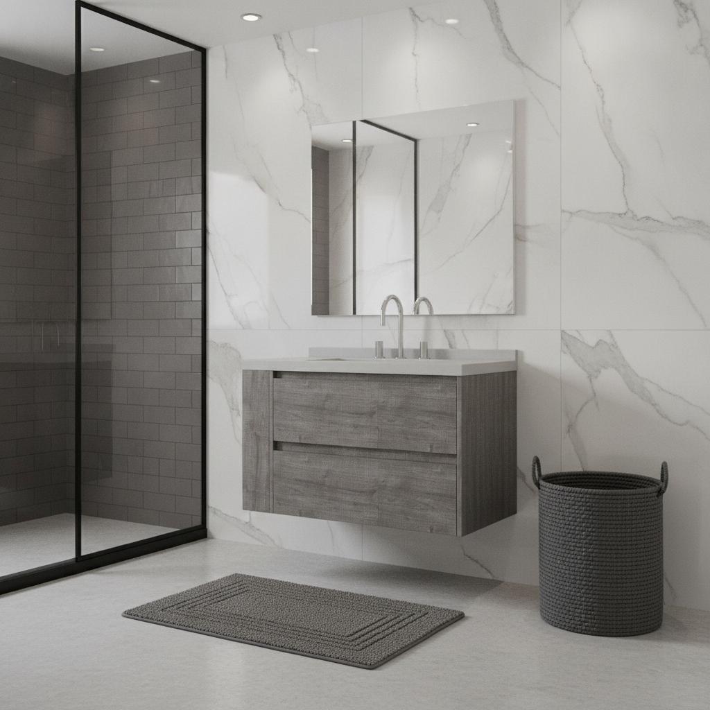 36" Gray Wood Floating Bathroom Vanity With White Sink And Two Drawers - HomeRoots - Flyclothing LLC