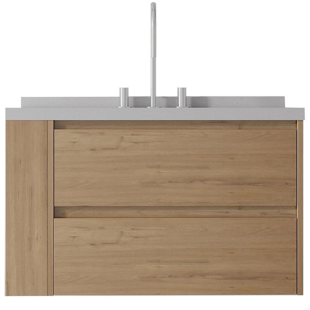 36" Brown Wood Floating Bathroom Vanity With White Sink And Two Drawers - HomeRoots - Flyclothing LLC