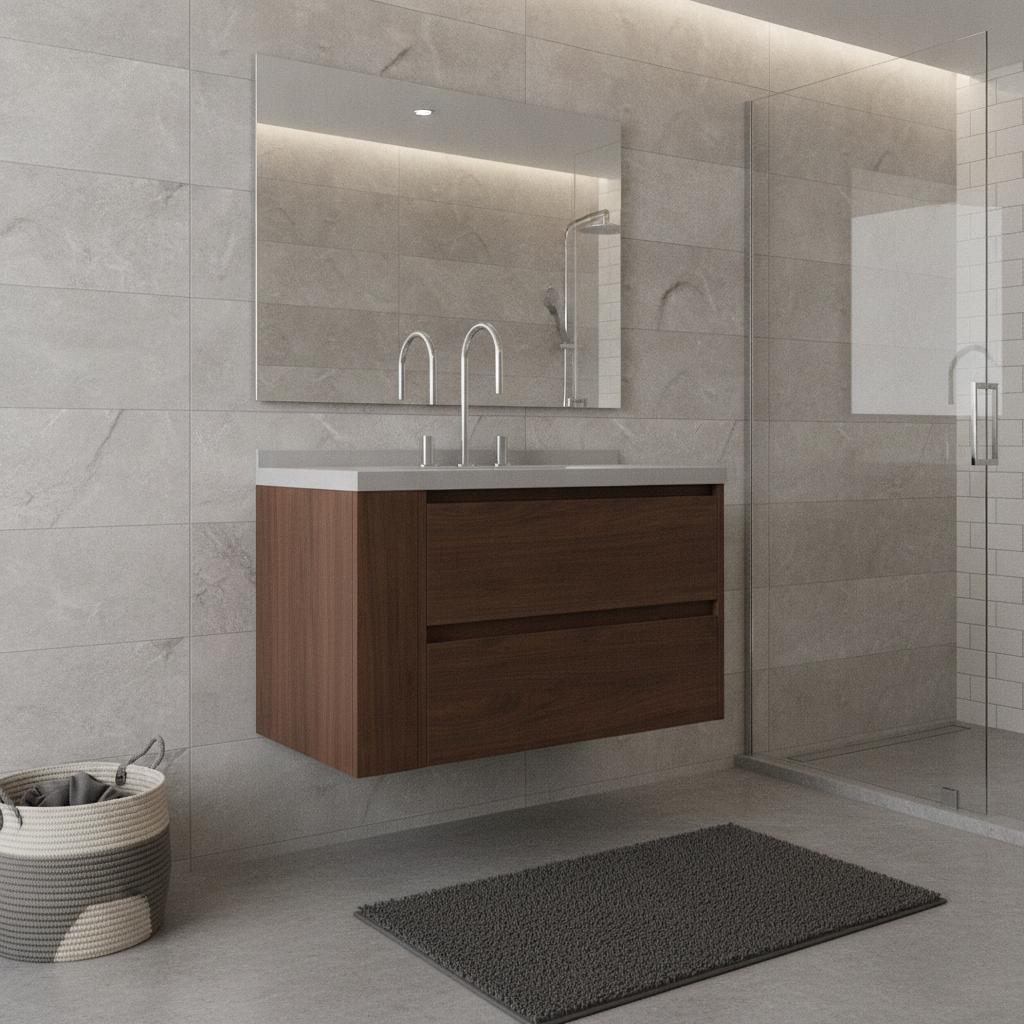 36" Brown Wood Floating Bathroom Vanity With White Sink And Two Drawers - HomeRoots - Flyclothing LLC