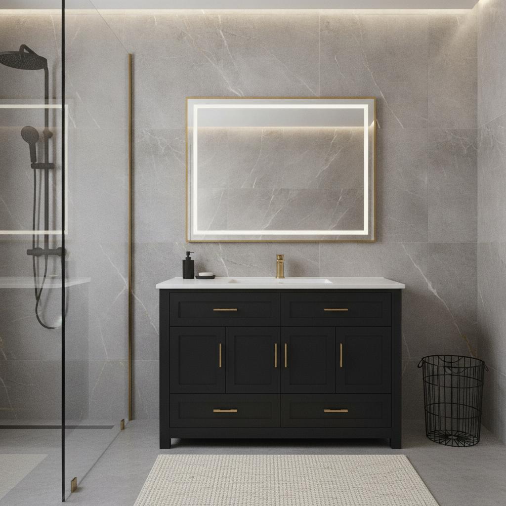 48" Black Wood Freestanding Four Door Bathroom Vanity With White Sink And Four Drawers - HomeRoots - Flyclothing LLC