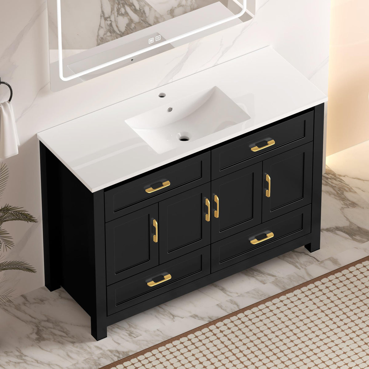 48" Black Wood Freestanding Four Door Bathroom Vanity With White Sink And Four Drawers - HomeRoots - Flyclothing LLC