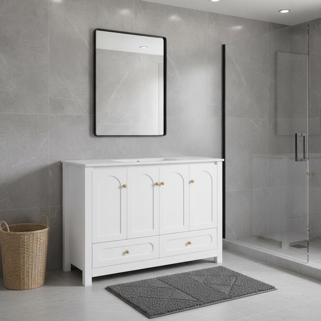 48" White Wood Freestanding Four Door Bathroom Vanity With Sink And Two Drawers - HomeRoots - Flyclothing LLC