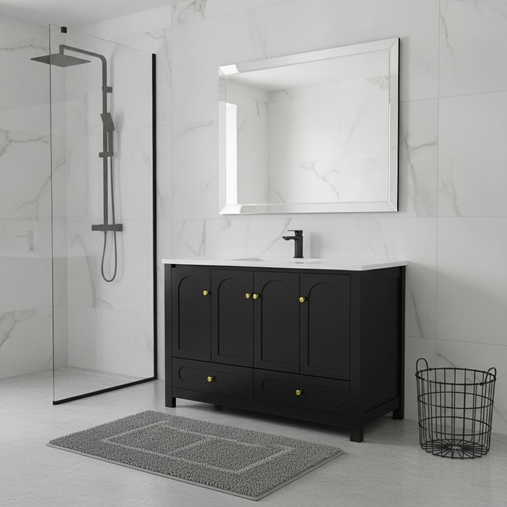 48" Black Wood Freestanding Four Door Bathroom Vanity With White Sink And Two Drawers - HomeRoots - Flyclothing LLC