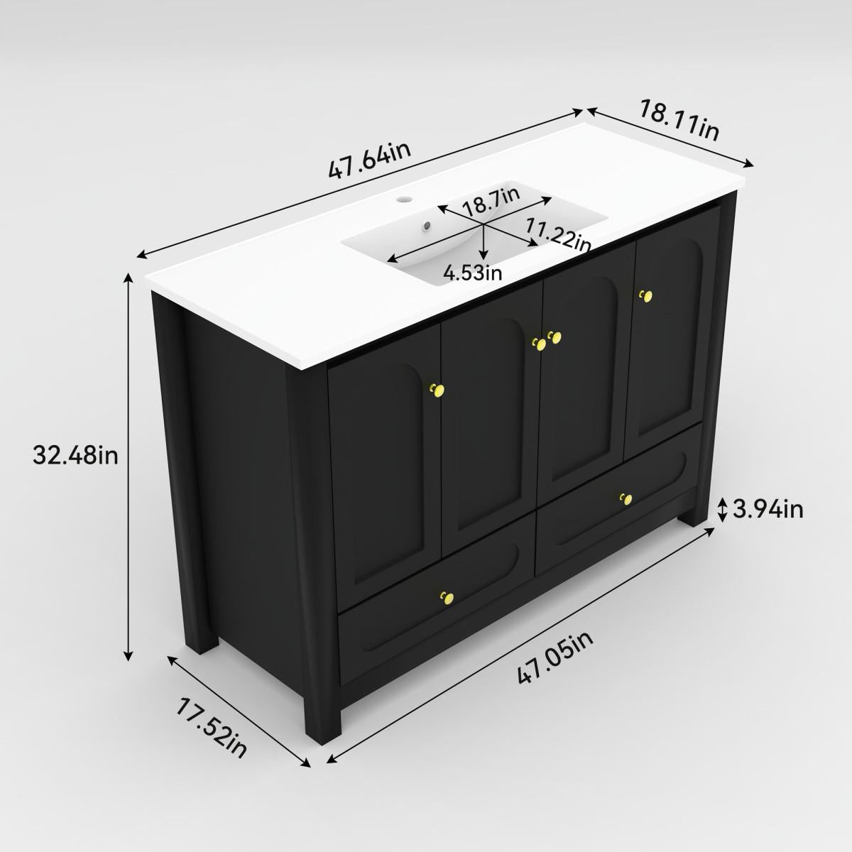 48" Black Wood Freestanding Four Door Bathroom Vanity With White Sink And Two Drawers - HomeRoots - Flyclothing LLC
