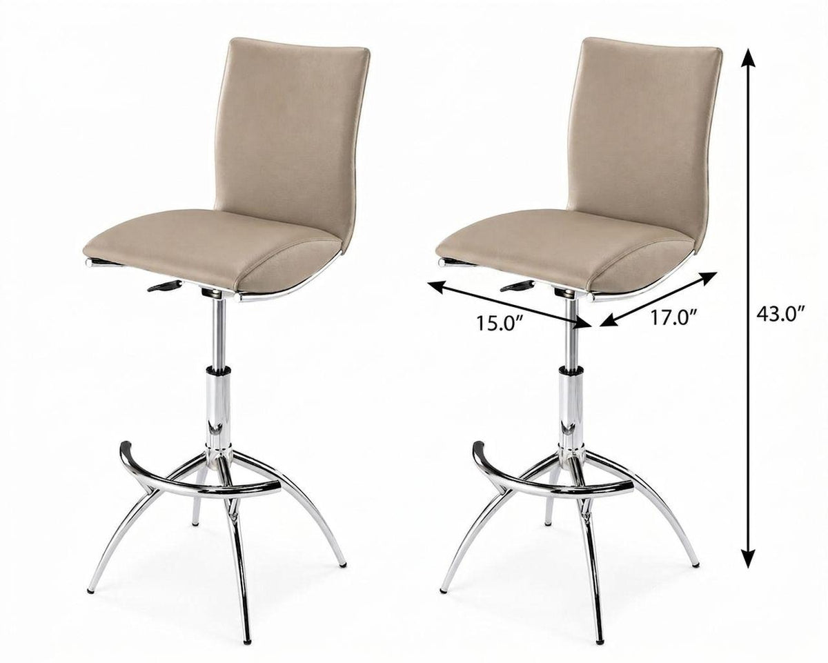 Set of Two Taupe And Silver Faux Leather Chrome And Steel Adjustable Height Swivel Bar Chairs - HomeRoots - Flyclothing LLC