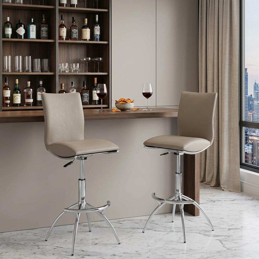 Set of Two Taupe And Silver Faux Leather Chrome And Steel Adjustable Height Swivel Bar Chairs - HomeRoots - Flyclothing LLC