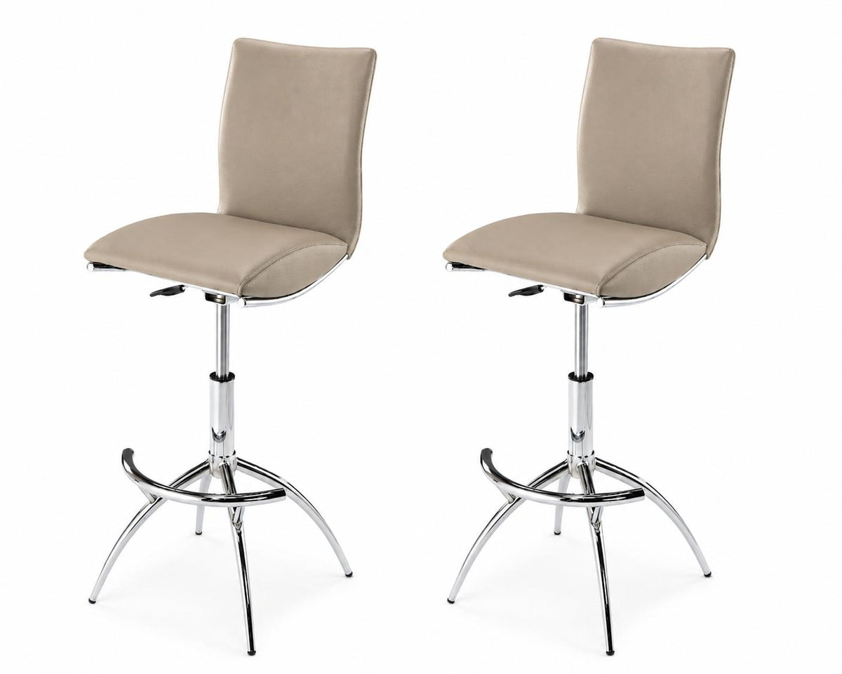 Set of Two Taupe And Silver Faux Leather Chrome And Steel Adjustable Height Swivel Bar Chairs - HomeRoots - Flyclothing LLC