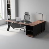63" Black And Brown Wood And Steel L Shape Pedestal Executive Desk With Four Cabinets - HomeRoots - Flyclothing LLC