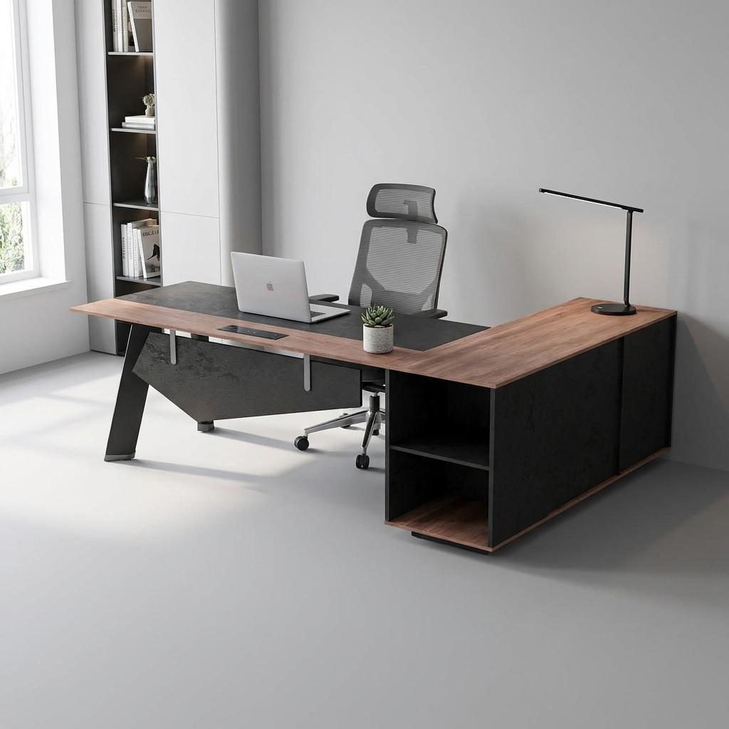 63" Black And Brown Wood And Steel L Shape Pedestal Executive Desk With Four Cabinets - HomeRoots - Flyclothing LLC