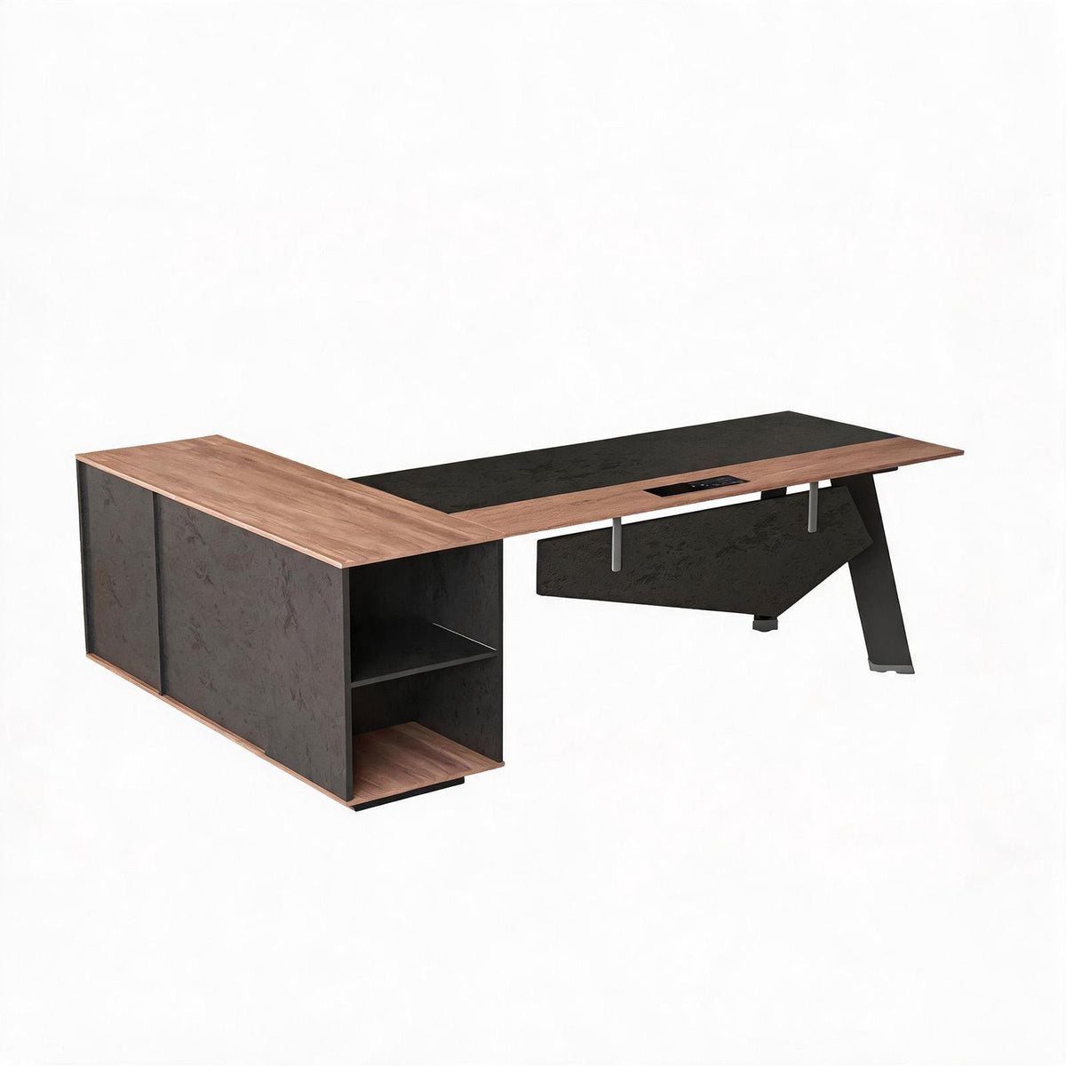 63" Black And Brown Wood And Steel L Shape Pedestal Executive Desk With Four Cabinets - HomeRoots - Flyclothing LLC