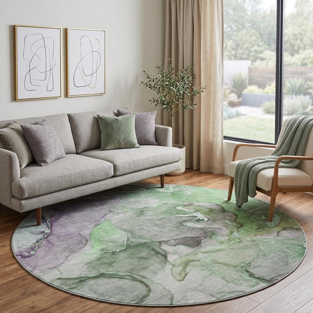 8' Green And Gray Abstract Shag Washable Round Rug With UV Protection - HomeRoots - Flyclothing LLC