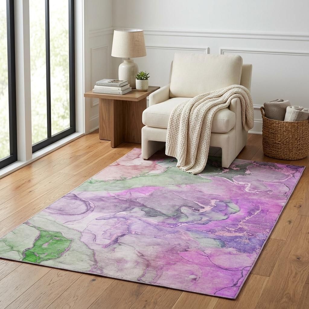 5' X 8' Purple And Green Abstract Shag Washable Area Rug With UV Protection - HomeRoots - Flyclothing LLC