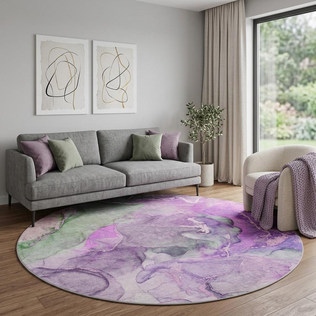 8' Purple And Green Abstract Shag Washable Round Rug With UV Protection - HomeRoots - Flyclothing LLC