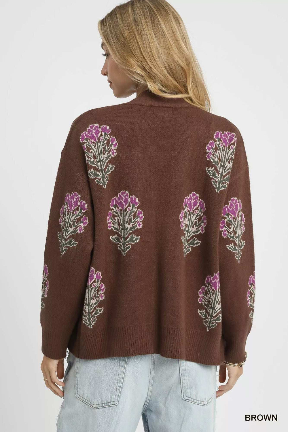 Umgee Single Flower Stem Jacquard Cardigan Sweater - Trendsi - Flyclothing LLC