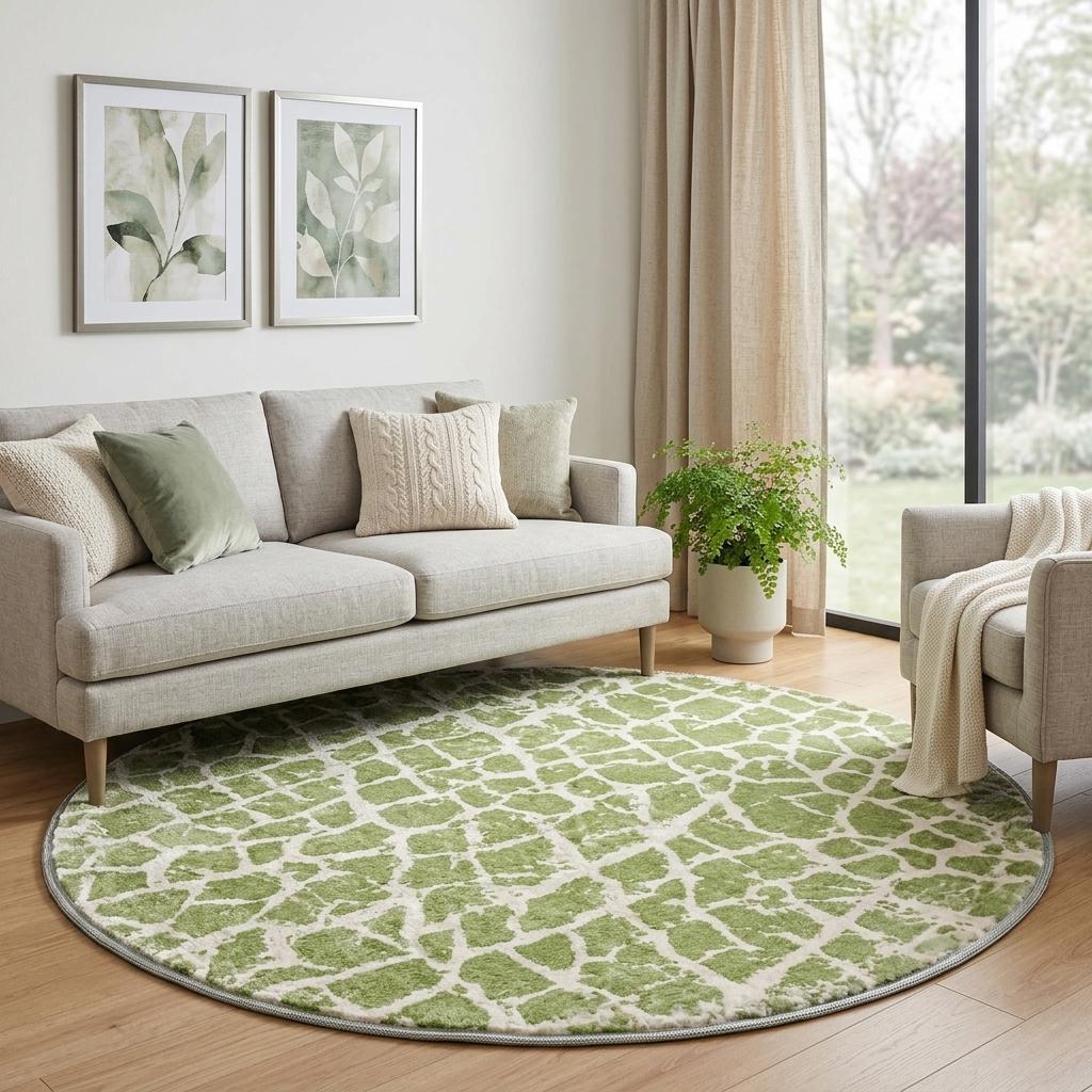 8' Green And Ivory Geometric Shag Washable Round Rug With UV Protection - HomeRoots - Flyclothing LLC