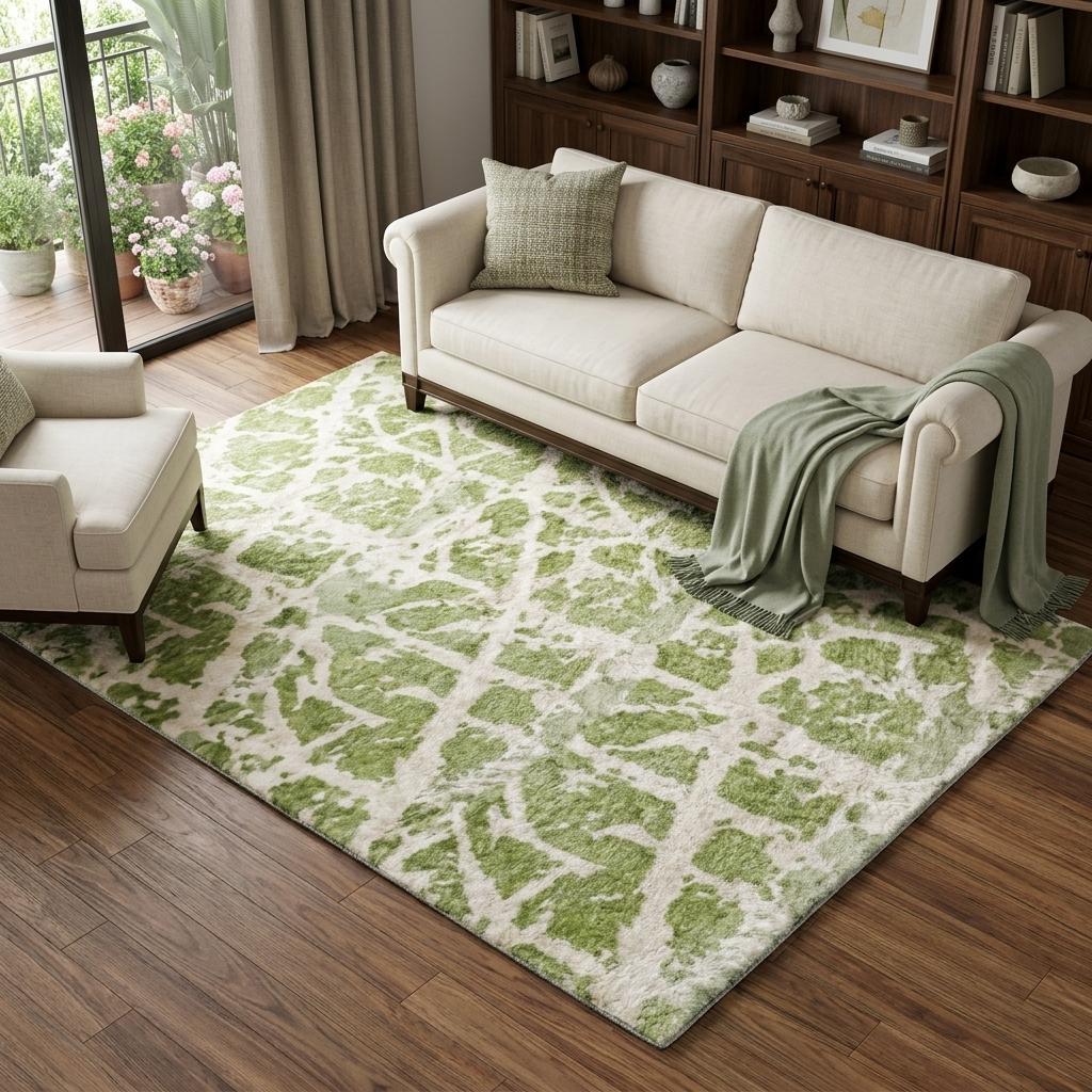 9' X 12' Green And Ivory Geometric Shag Washable Area Rug With UV Protection - HomeRoots - Flyclothing LLC