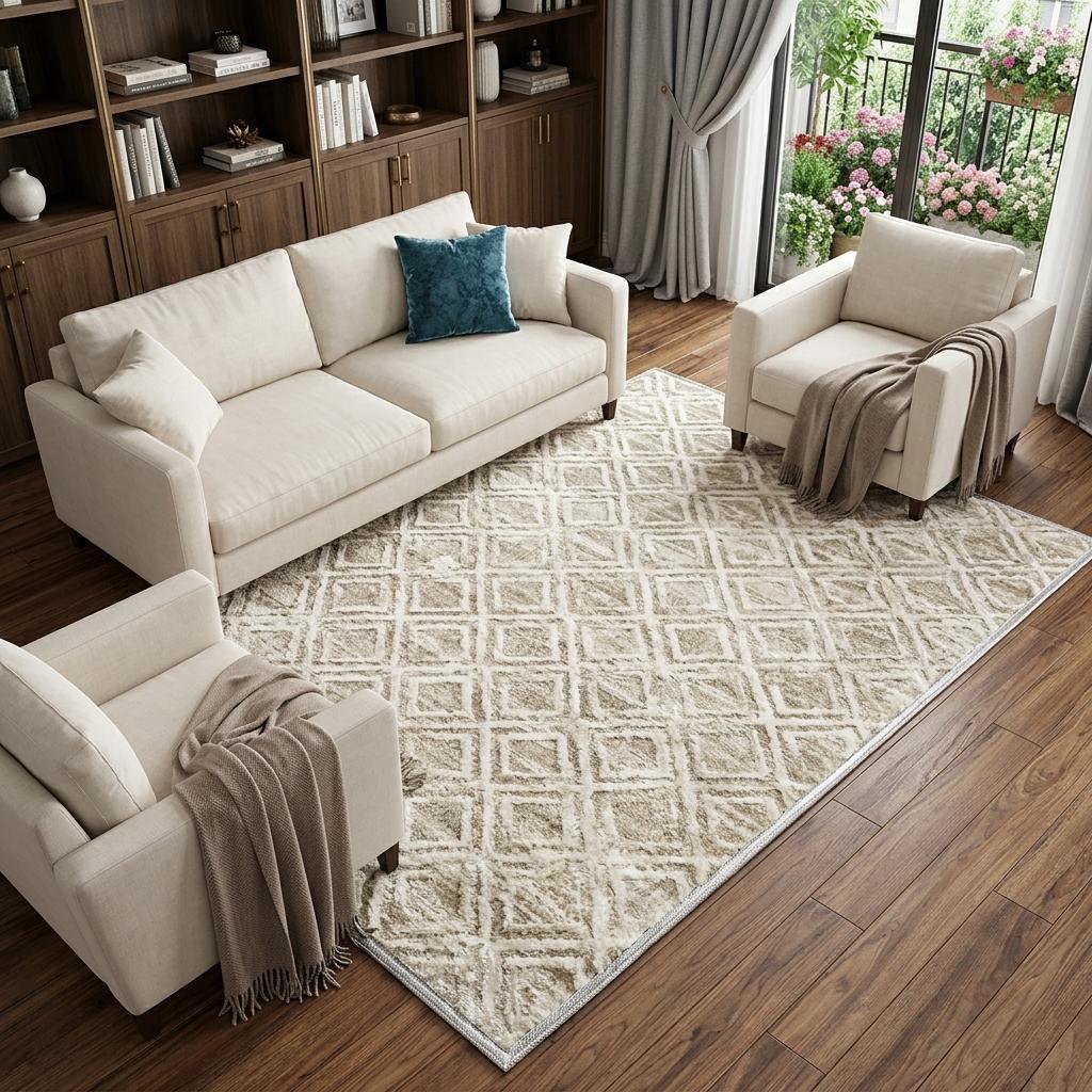 10' X 14' Beige And Ivory Geometric Shag Washable Area Rug With UV Protection - HomeRoots - Flyclothing LLC
