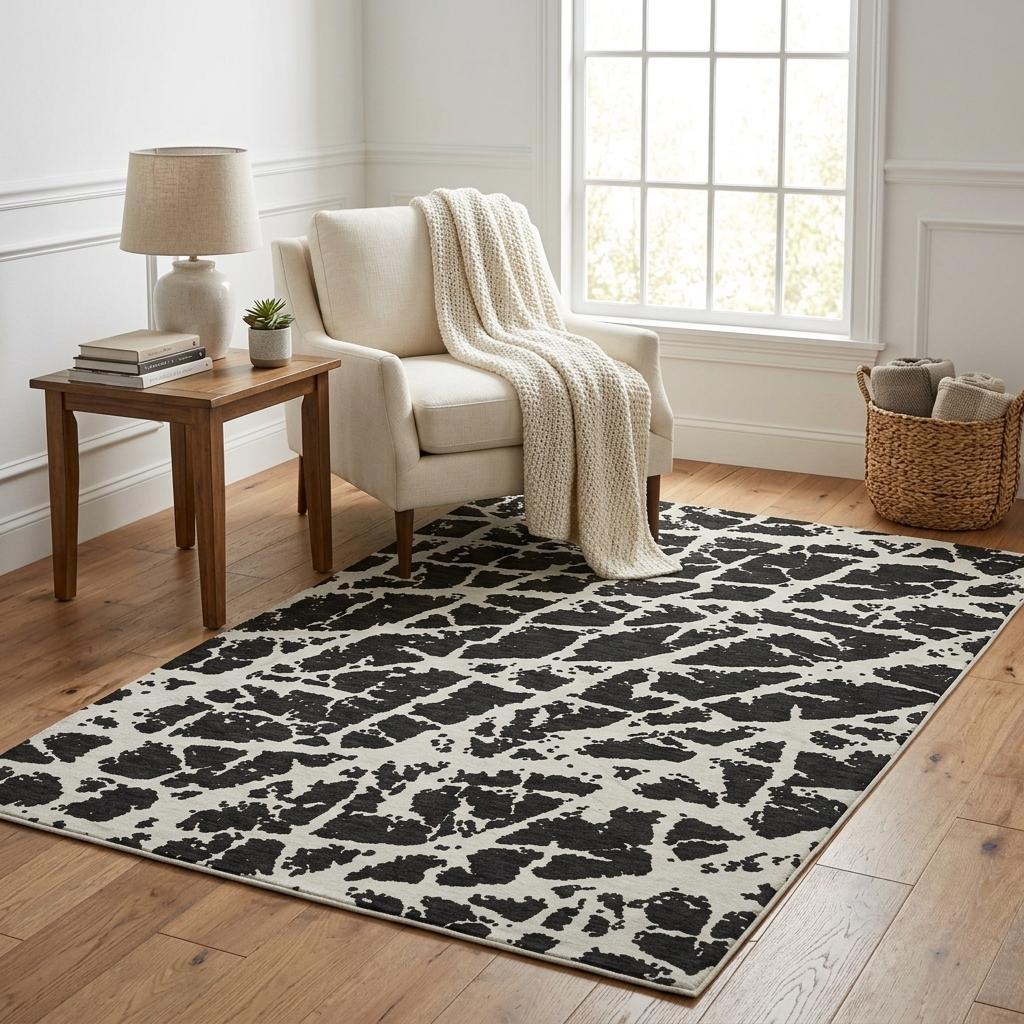 5' X 8' Black And Ivory Geometric Shag Washable Area Rug With UV Protection - HomeRoots - Flyclothing LLC