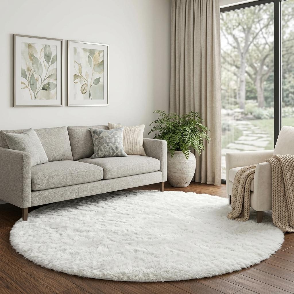 8' Beige And Ivory Abstract Shag Washable Round Rug With UV Protection - HomeRoots - Flyclothing LLC