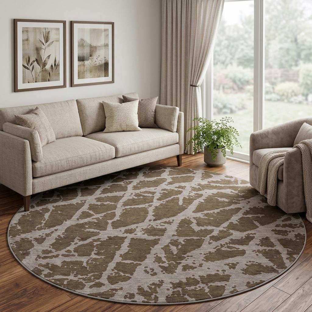 8' Brown And Taupe Geometric Shag Washable Round Rug With UV Protection - HomeRoots - Flyclothing LLC