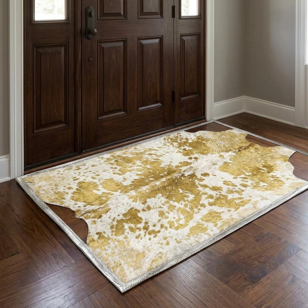 3' X 5' Gold And Ivory Geometric Shag Washable Area Rug With UV Protection - HomeRoots - Flyclothing LLC