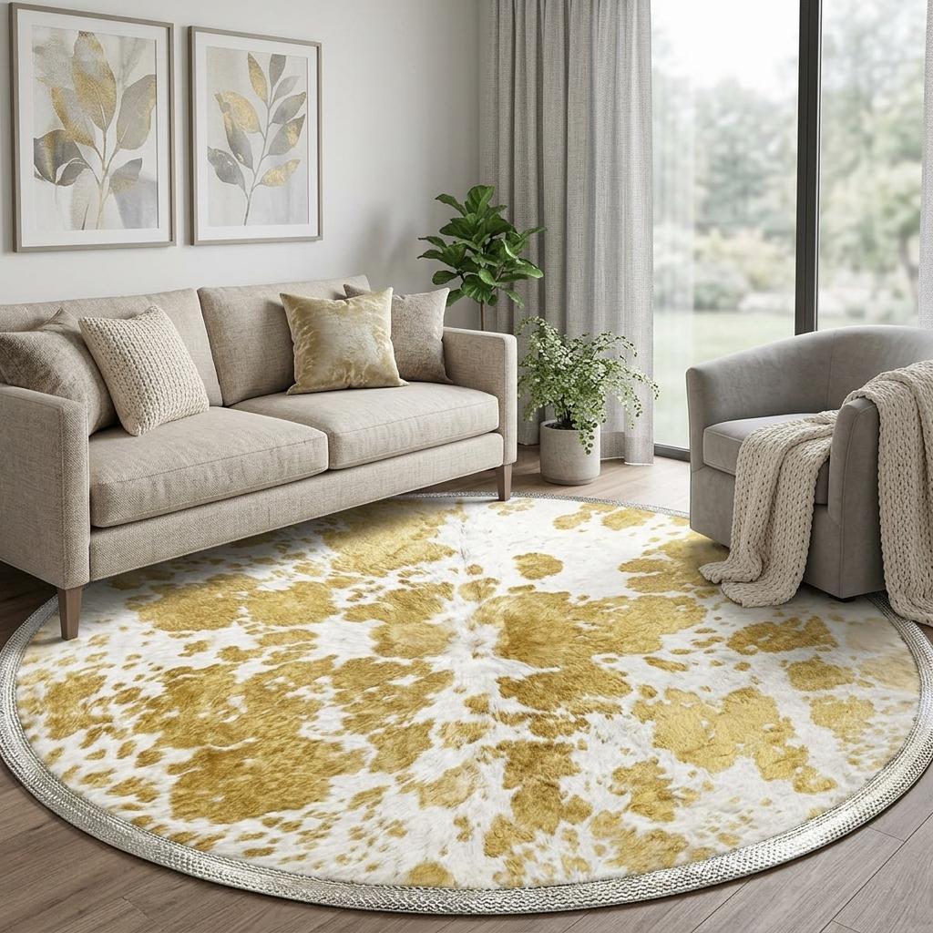 8' Gold And Ivory Geometric Shag Washable Round Rug With UV Protection - HomeRoots - Flyclothing LLC