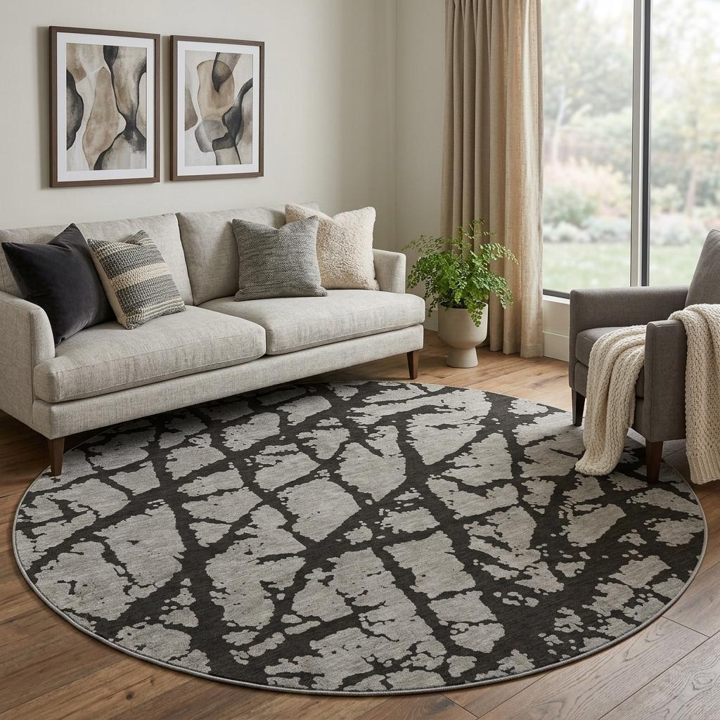 8' Gray And Charcoal Geometric Shag Washable Round Rug With UV Protection - HomeRoots - Flyclothing LLC