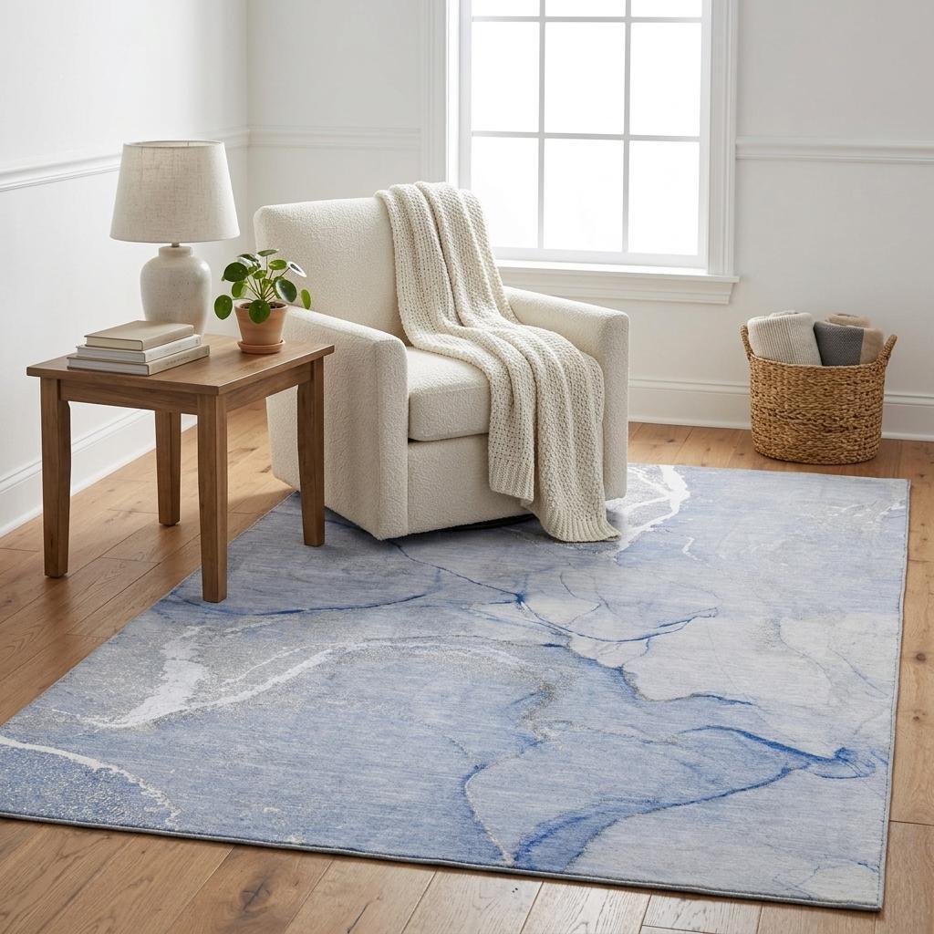 5' X 8' Blue And Denim Blue Abstract Shag Washable Area Rug With UV Protection - HomeRoots - Flyclothing LLC