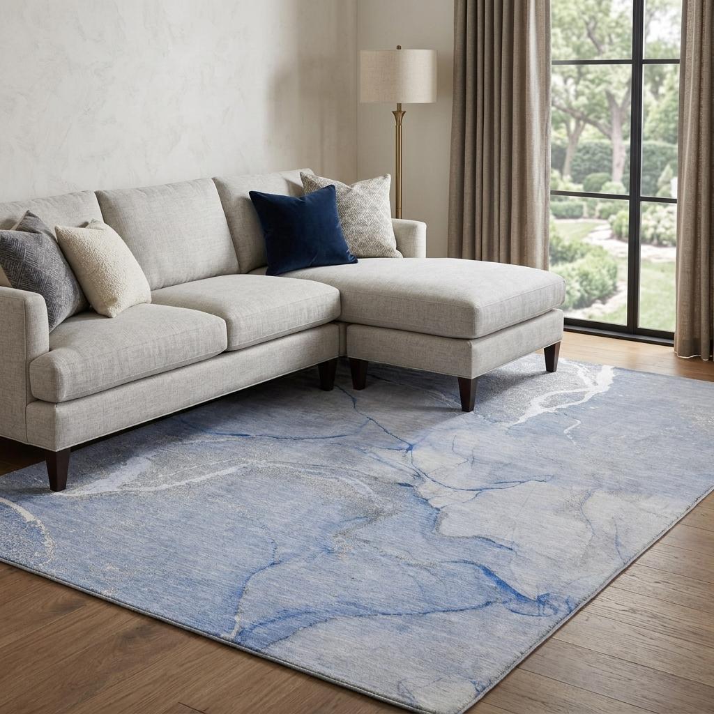 8' X 10' Blue And Denim Blue Abstract Shag Washable Area Rug With UV Protection - HomeRoots - Flyclothing LLC