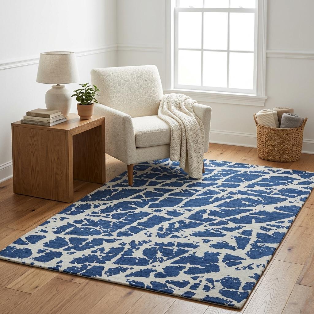 5' X 8' Navy Blue And Ivory Geometric Shag Washable Area Rug With UV Protection - HomeRoots - Flyclothing LLC