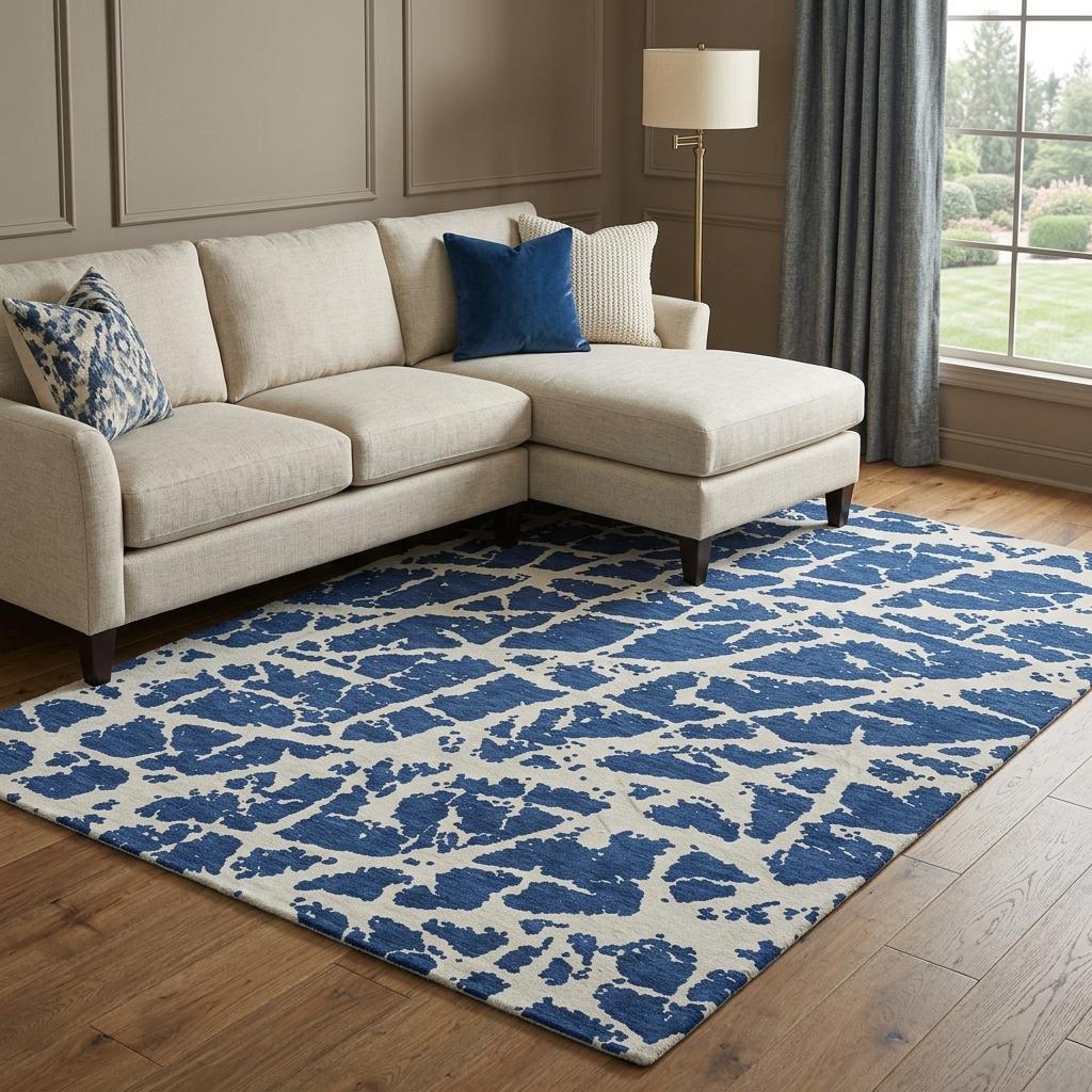 8' X 10' Navy Blue And Ivory Geometric Shag Washable Area Rug With UV Protection - HomeRoots - Flyclothing LLC