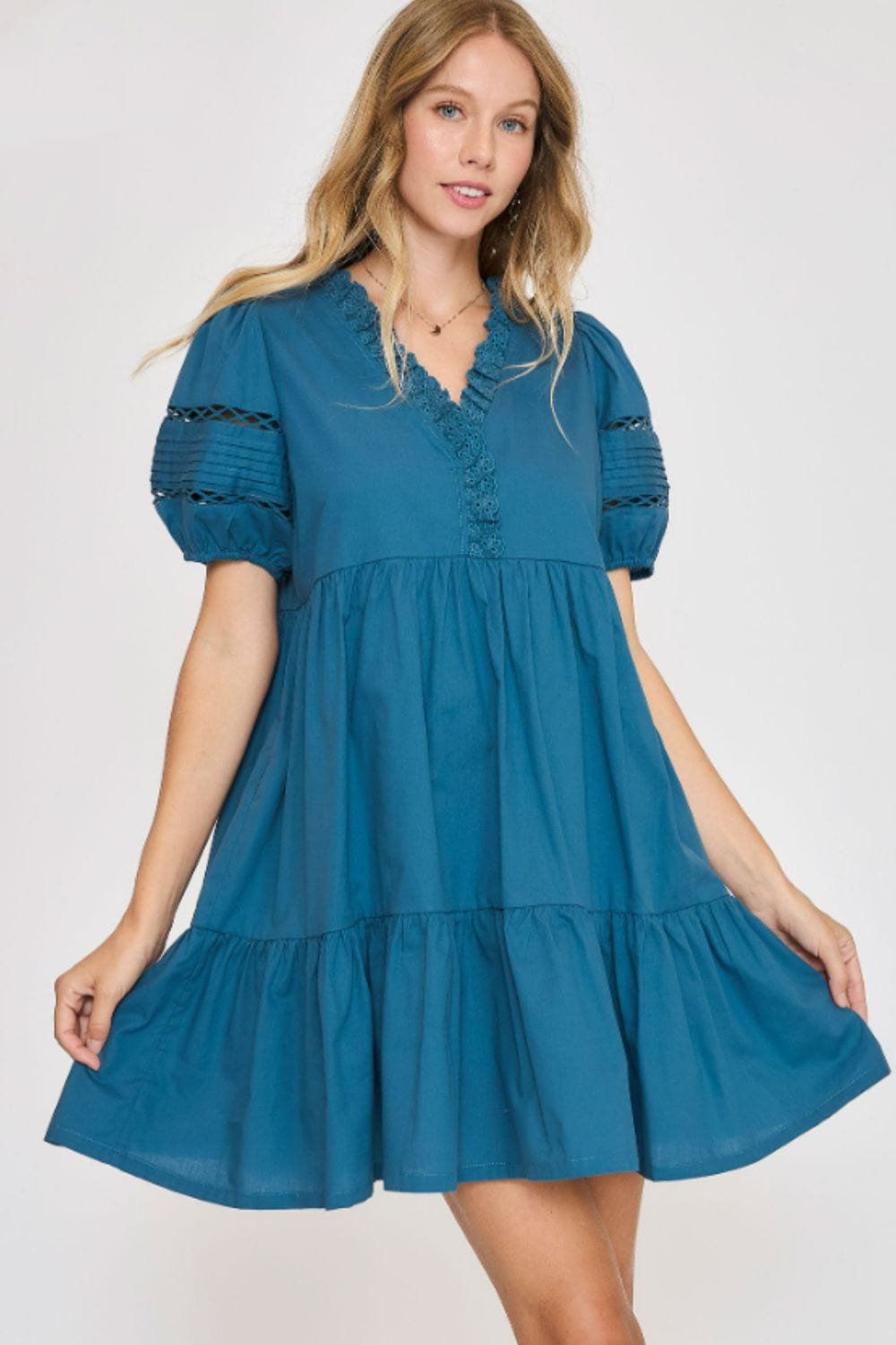 Umgee USA Full Size Lace Detail Puff Sleeve Mini Dress Plus Size - Trendsi