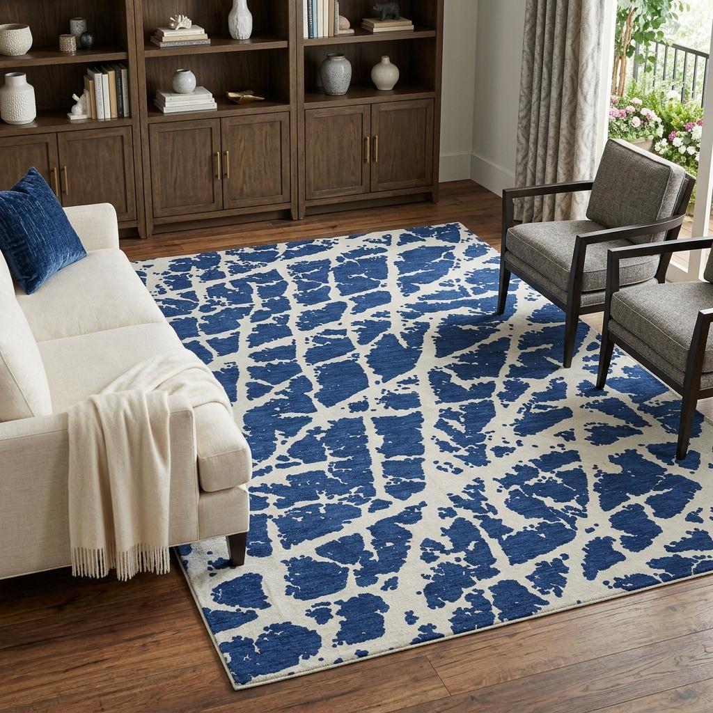 10' X 14' Navy Blue And Ivory Geometric Shag Washable Area Rug With UV Protection - HomeRoots - Flyclothing LLC